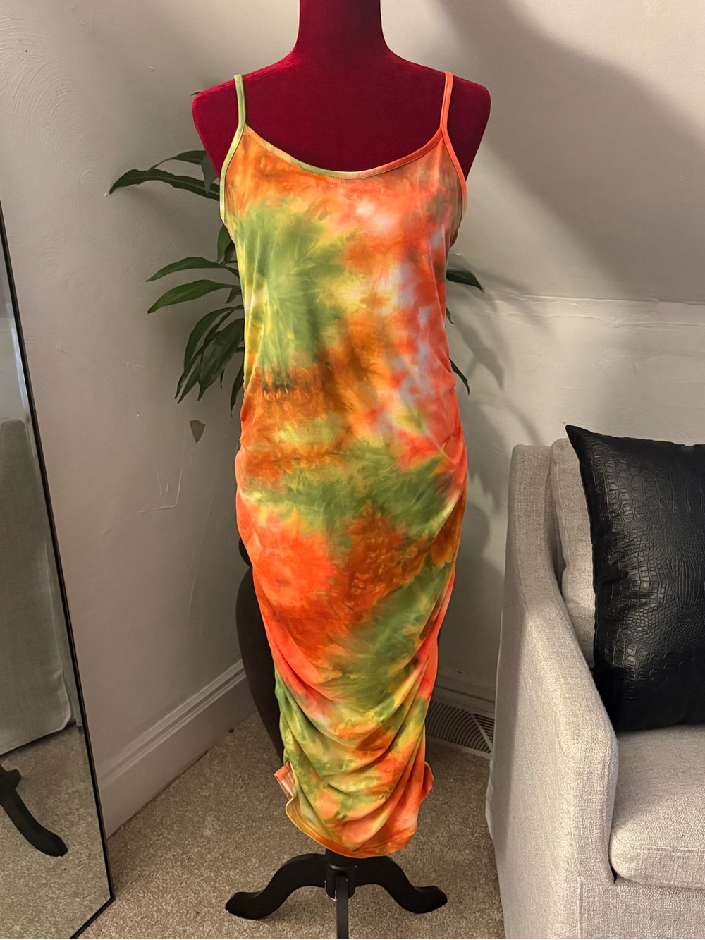 Fashion Nova Tie-Dye Midi Dress in Green and Orange